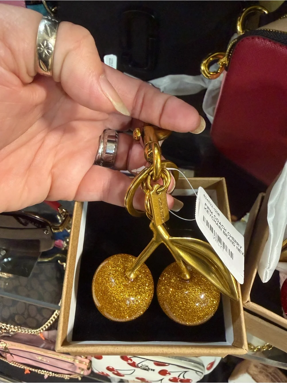 Anthropologie Gold Glitter Cherry Keyring